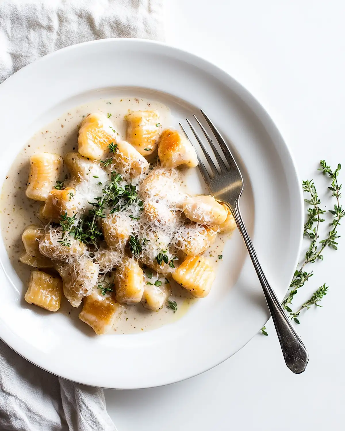 White plate with Homemade Potato Gnocchi in Butter Cream Sauce. The sauce is glossy and white. A small amount of cream sauce is drizzled over the Gnocchi.