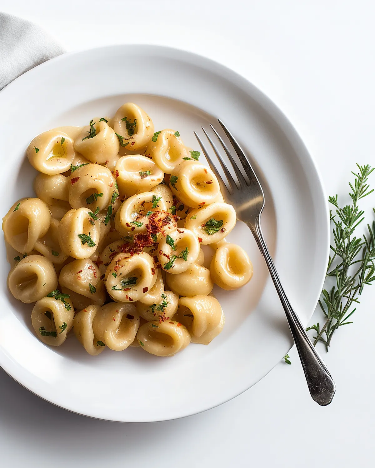 White plate with pasta in a creamy coconut milk pasta sauce. The sauce is smooth and light, with a sprinkle of chili flakes and fresh parsley for garnish.