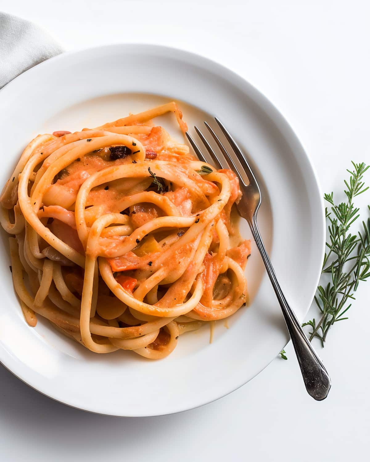 White plate with pasta in creamy tomato sauce. The sauce is smooth and orange, with hints of herbs and black pepper sprinkled over the pasta