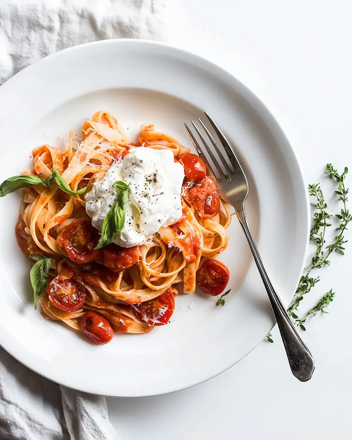 White plate with a creamy burrata pasta recipe. The pasta is topped with fresh tomatoes, basil, and a generous scoop of burrata cheese, finished with a sprinkle of Parmesan.