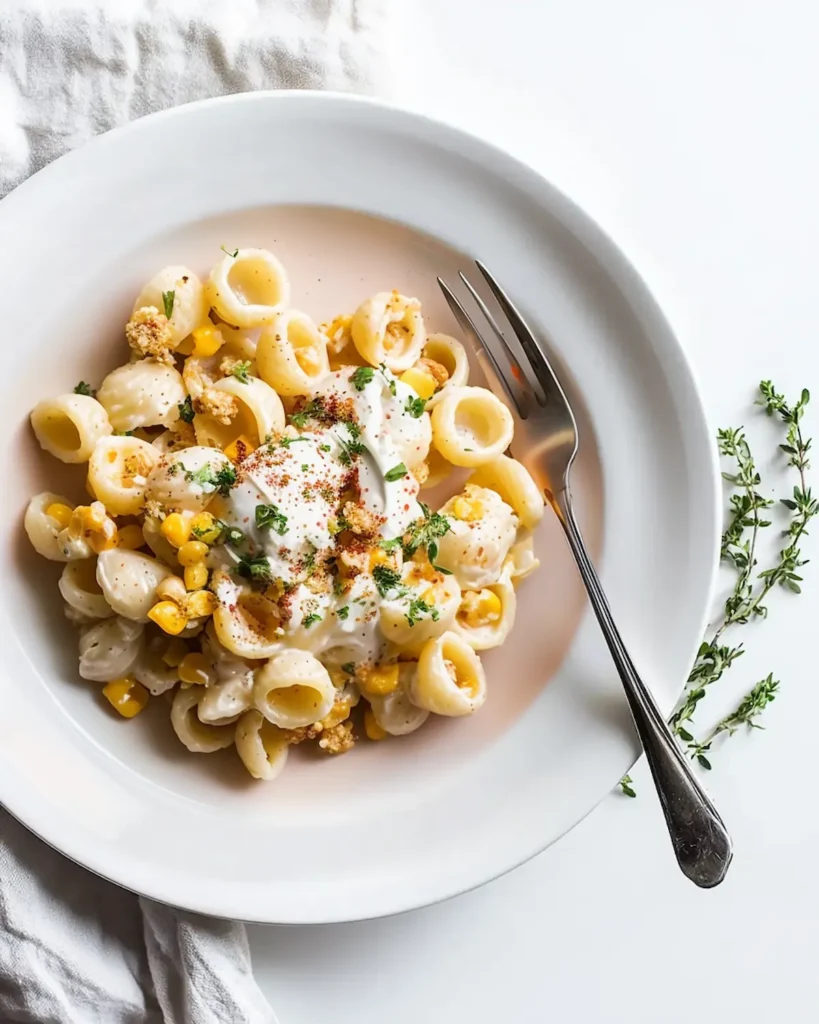 Elote Pasta Salad Recipe White plate with Elote pasta salad recipe. The orecchiette pasta is topped with roasted corn, a dollop of creamy sauce, and garnished with fresh herbs and chili powder.