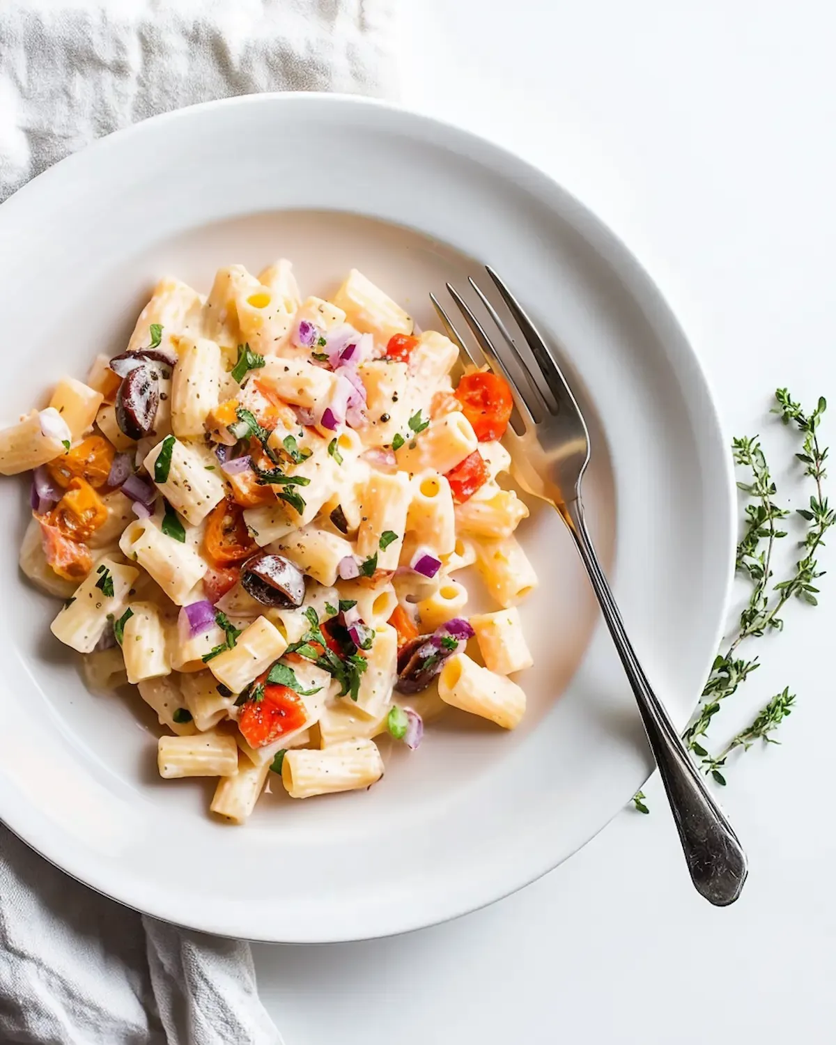 White plate with healthy creamy ditalini pasta salad. The pasta is mixed with cherry tomatoes, red onions, and fresh herbs, topped with a creamy dressing.