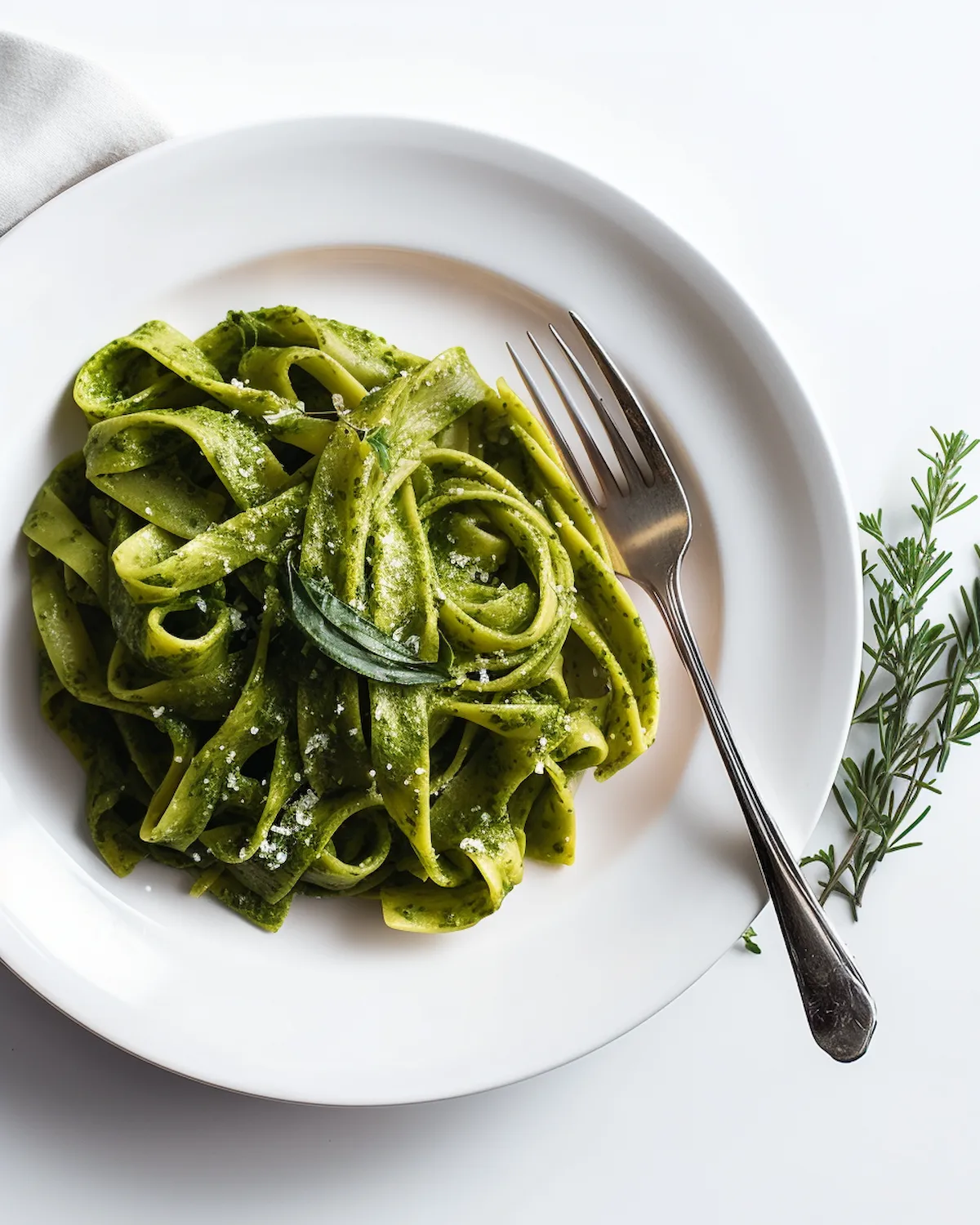 Tagliatelle pasta in a vibrant spinach green pasta sauce. The dish is garnished with fresh herbs and a sprinkle of Parmesan for added flavor.