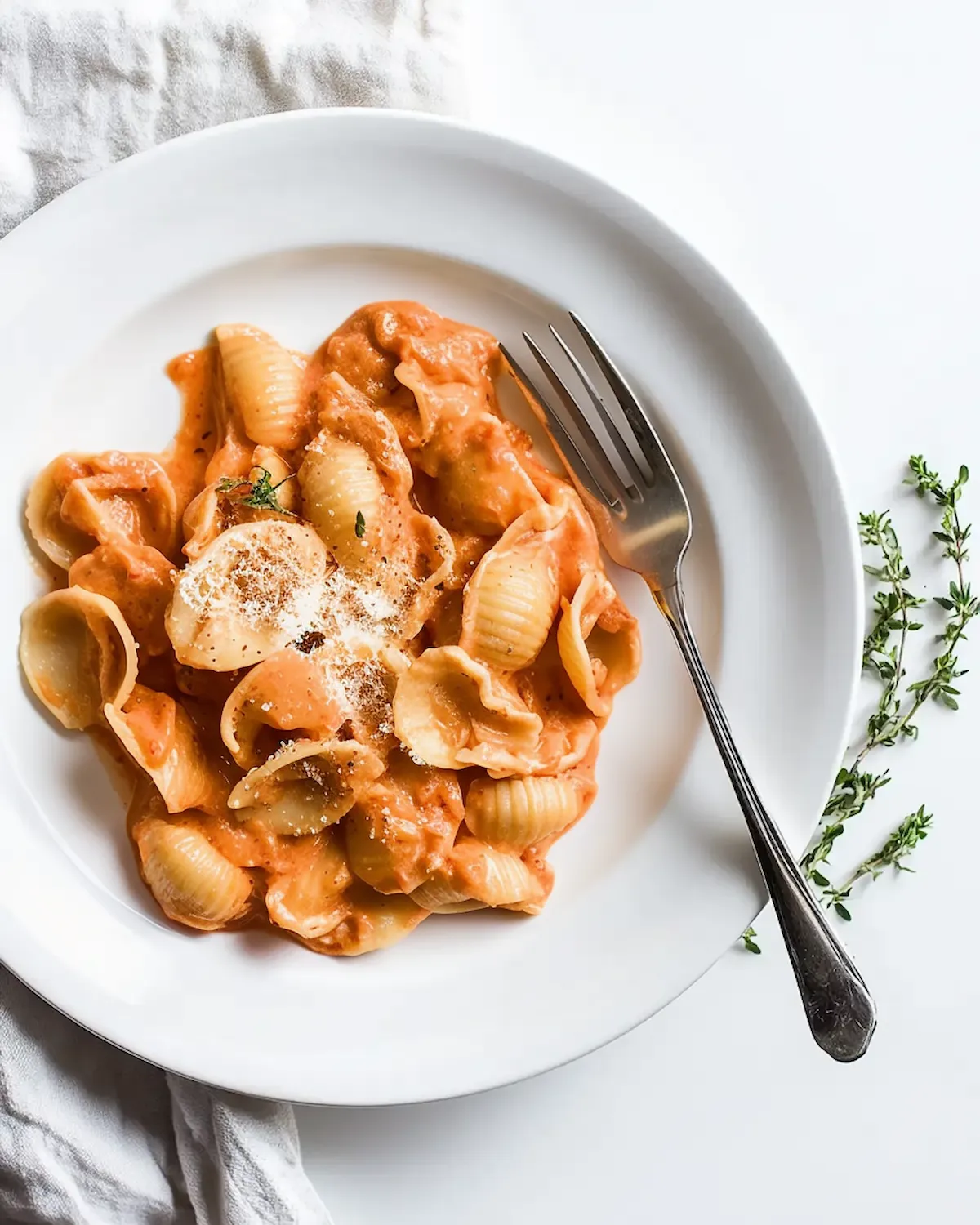 White plate with chunky orecchiette pasta in a creamy sweet potato pasta sauce. The sauce is smooth and orange, with a sprinkle of Parmesan and fresh thyme leaves for garnish.