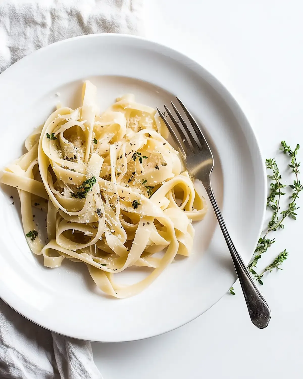 White plate with fettuccine pasta topped with a light lemon pepper pasta sauce. The pasta is garnished with freshly grated Parmesan and thyme.