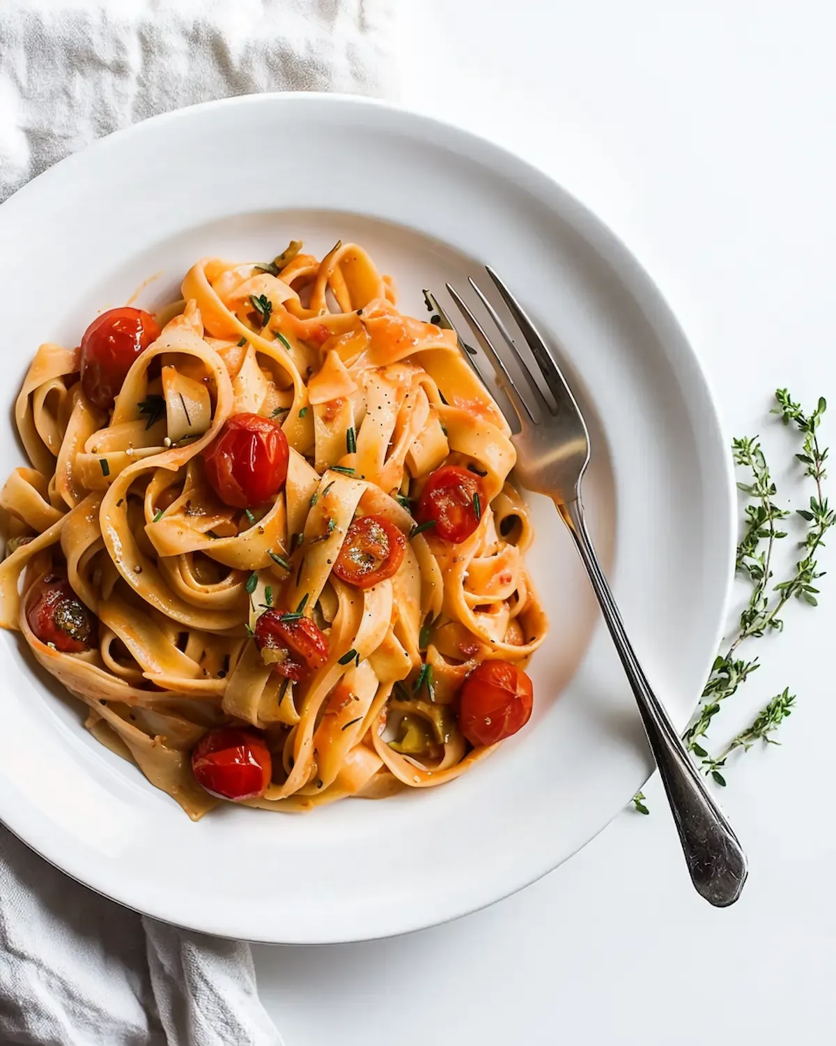White plate with Mafaldine pasta recipe in tomato sauce. The pasta is topped with roasted cherry tomatoes and fresh thyme, drizzled with olive oil and seasoning.