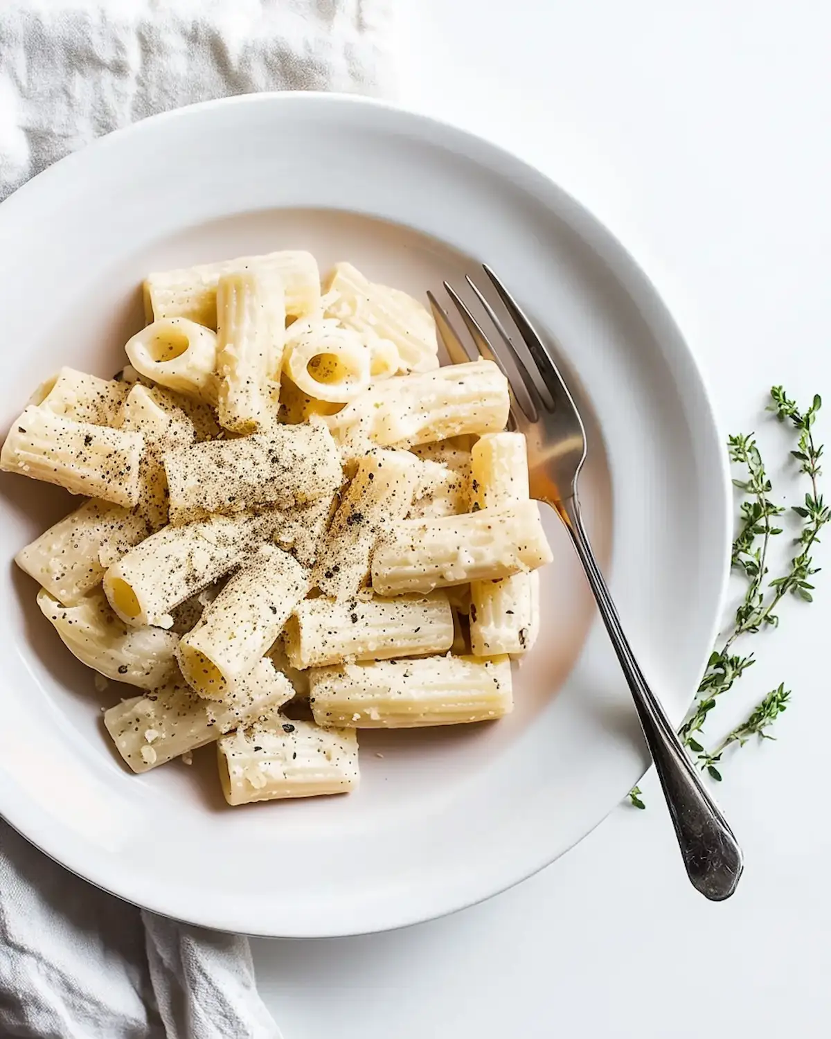 White plate with rigatoni cacio e pepe. The pasta is coated in a creamy cheese sauce, topped with freshly cracked black pepper and a sprinkle of Pecorino Romano.