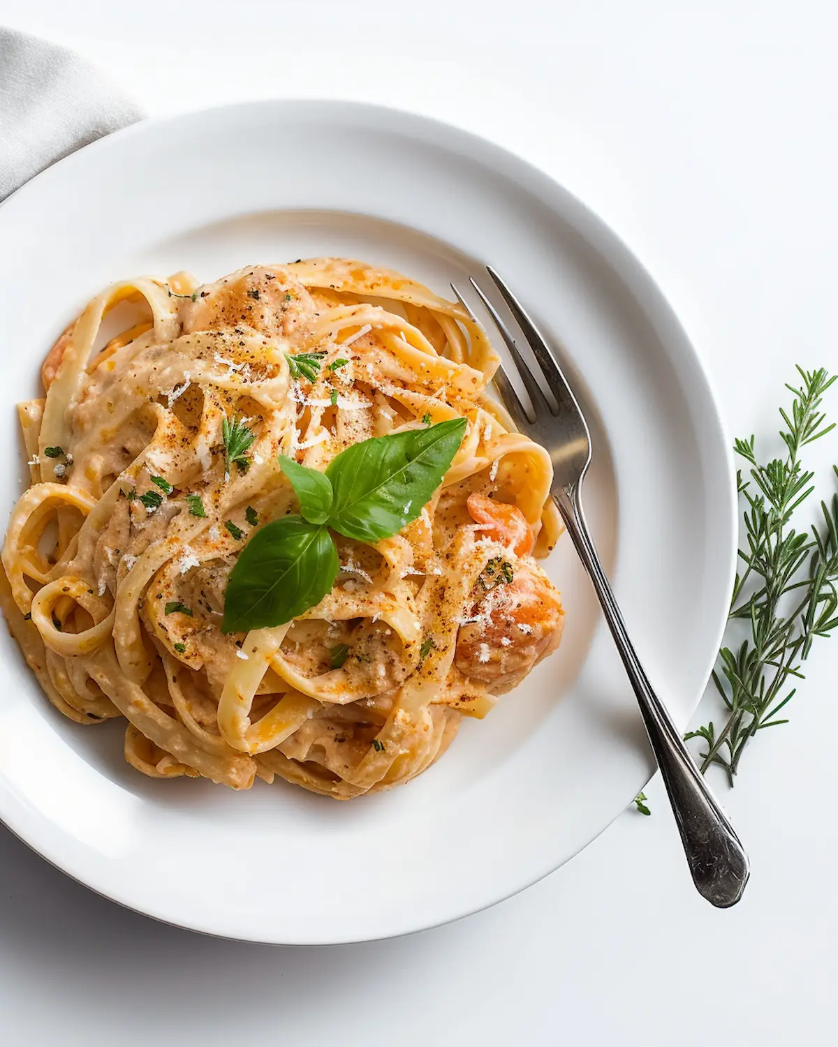 White plate with roasted tomato and garlic ricotta pasta. The creamy sauce coats the pasta, topped with fresh basil, parsley, and a sprinkle of Parmesan cheese.