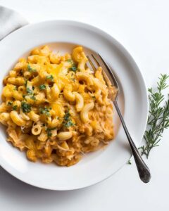 White plate with Vegan Baked Mac and Cheese. The pasta is covered in a creamy orange sauce, topped with melted cheese and garnished with chopped parsley.