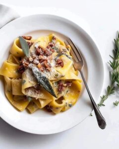 White plate with Homemade Pappardelle Pasta in Brown Butter Sauce. The pasta is topped with crispy sage leaves, toasted pecans, and grated Parmesan cheese.