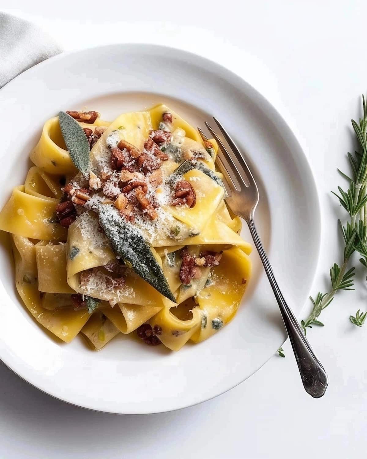 White plate with Homemade Pappardelle Pasta in Brown Butter Sauce. The pasta is topped with crispy sage leaves, toasted pecans, and grated Parmesan cheese.