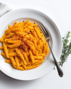 White plate with Penne Pasta covered in creamy Carrot Pasta Sauce. The sauce is vibrant orange, with a sprinkle of chili flakes and black pepper on top.