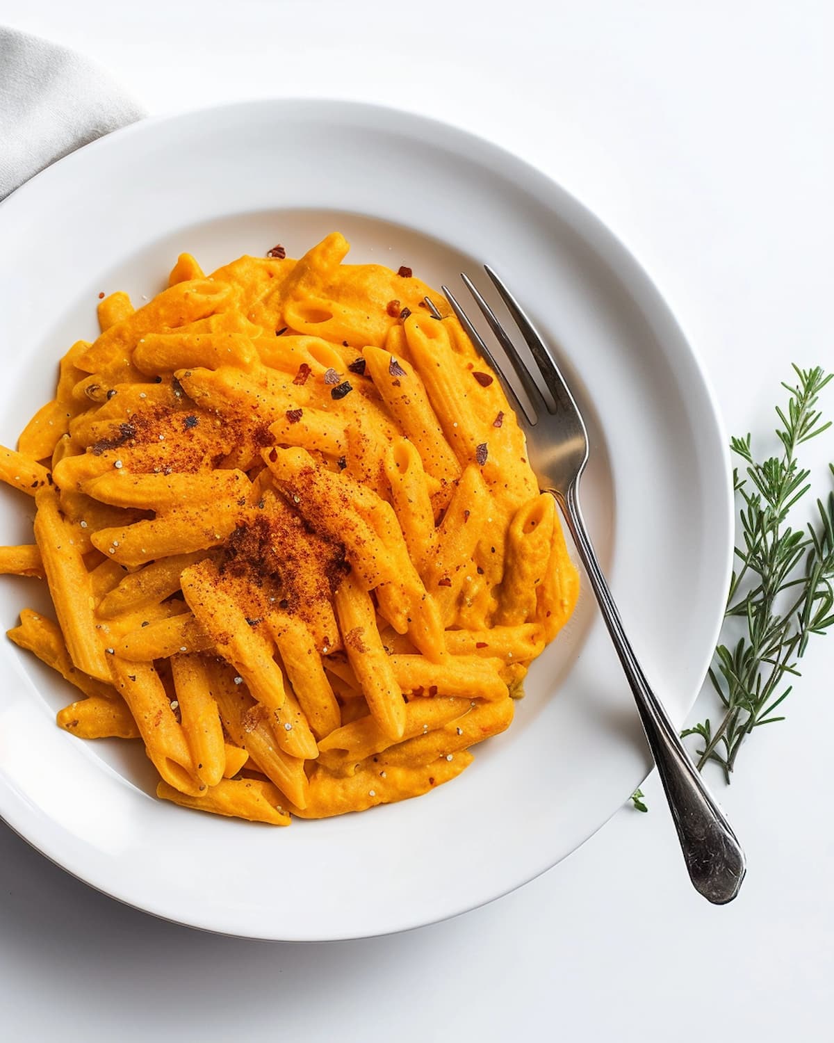 White plate with Penne Pasta covered in creamy Carrot Pasta Sauce. The sauce is vibrant orange, with a sprinkle of chili flakes and black pepper on top.