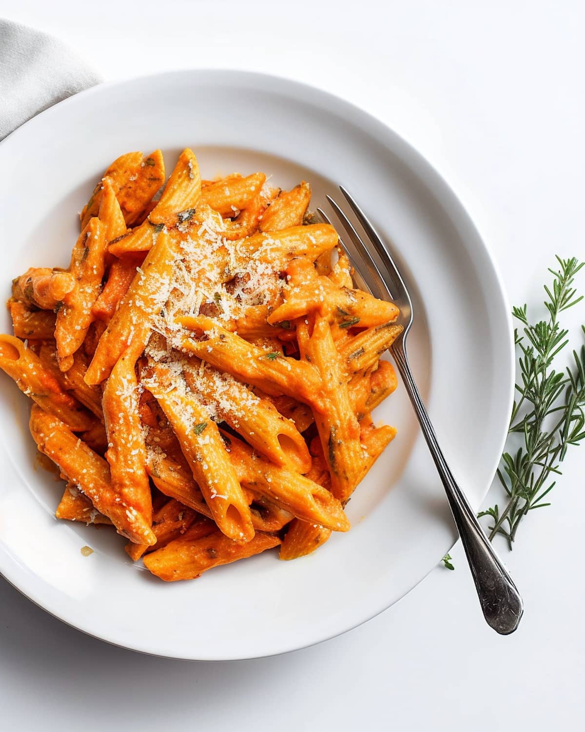 White plate with penne pasta coated in a creamy Tomato Goat Cheese Pasta Sauce. The sauce is vibrant orange and topped with a sprinkle of Parmesan cheese.