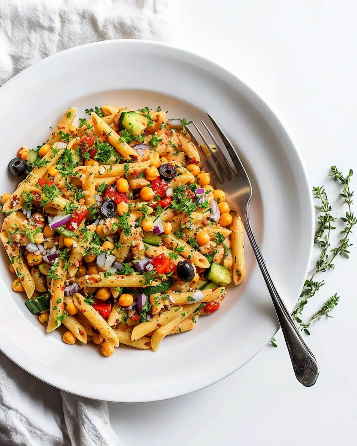 White plate with High Protein Pasta Salad. The dish includes penne pasta, chickpeas, cucumbers, red peppers, black olives, and parsley, all tossed in a flavorful dressing.