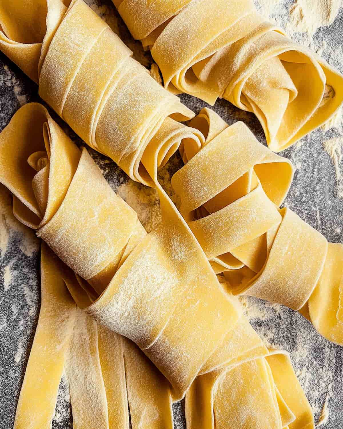 Homemade Pappardelle Pasta in loose rolls, lightly dusted with flour. The pasta strips are wide, yellow, and laid on parchment paper with soft edges.