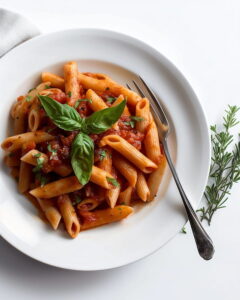 White plate with Penne Pasta with Marinara Sauce. The pasta is coated with a rich, vibrant tomato sauce, topped with fresh basil and sprinkled with herbs.