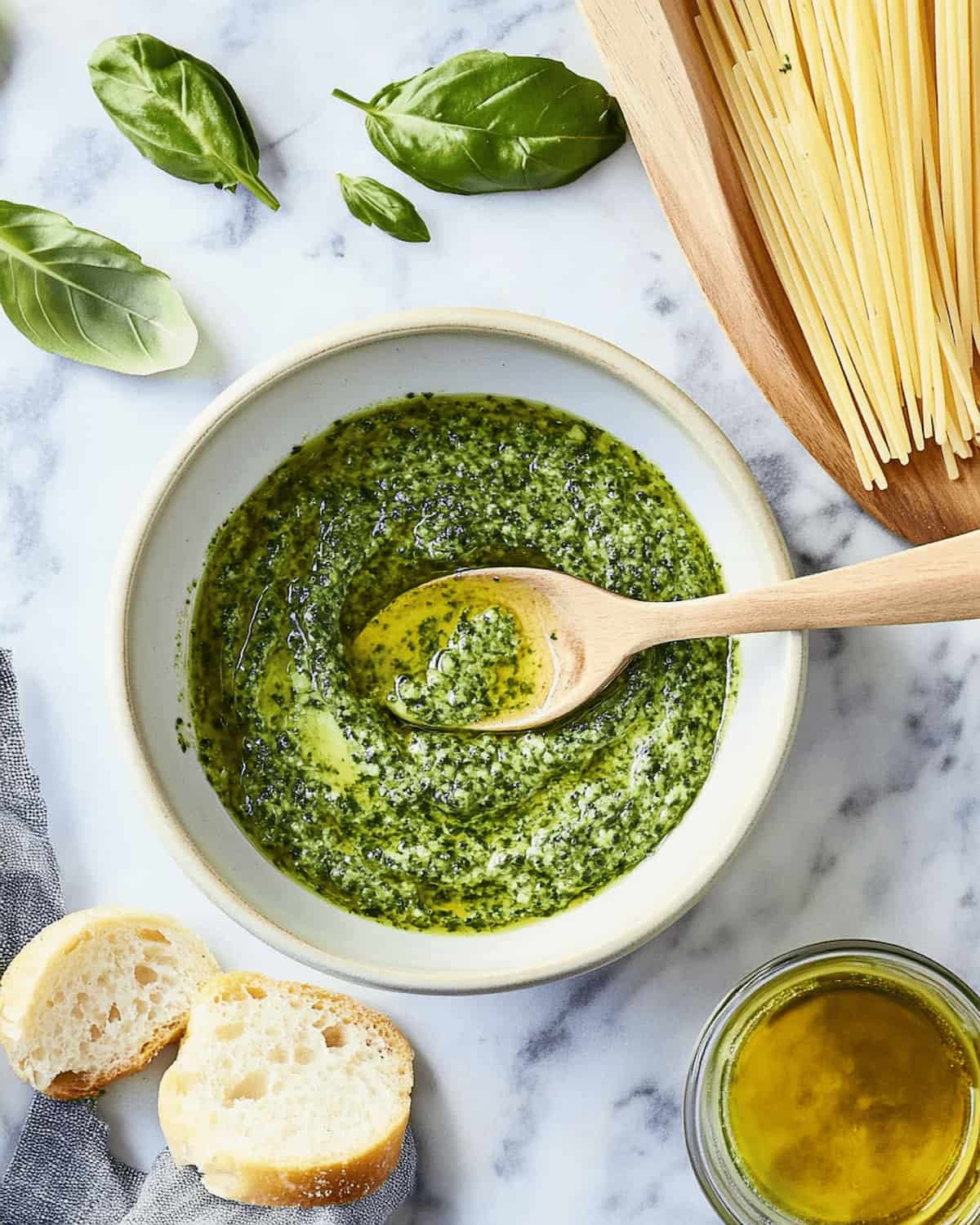 Bowl with homemade pesto sauce recipe for pasta, made from fresh basil, olive oil, and garlic. The vibrant green sauce is rich and aromatic, perfect for pasta.