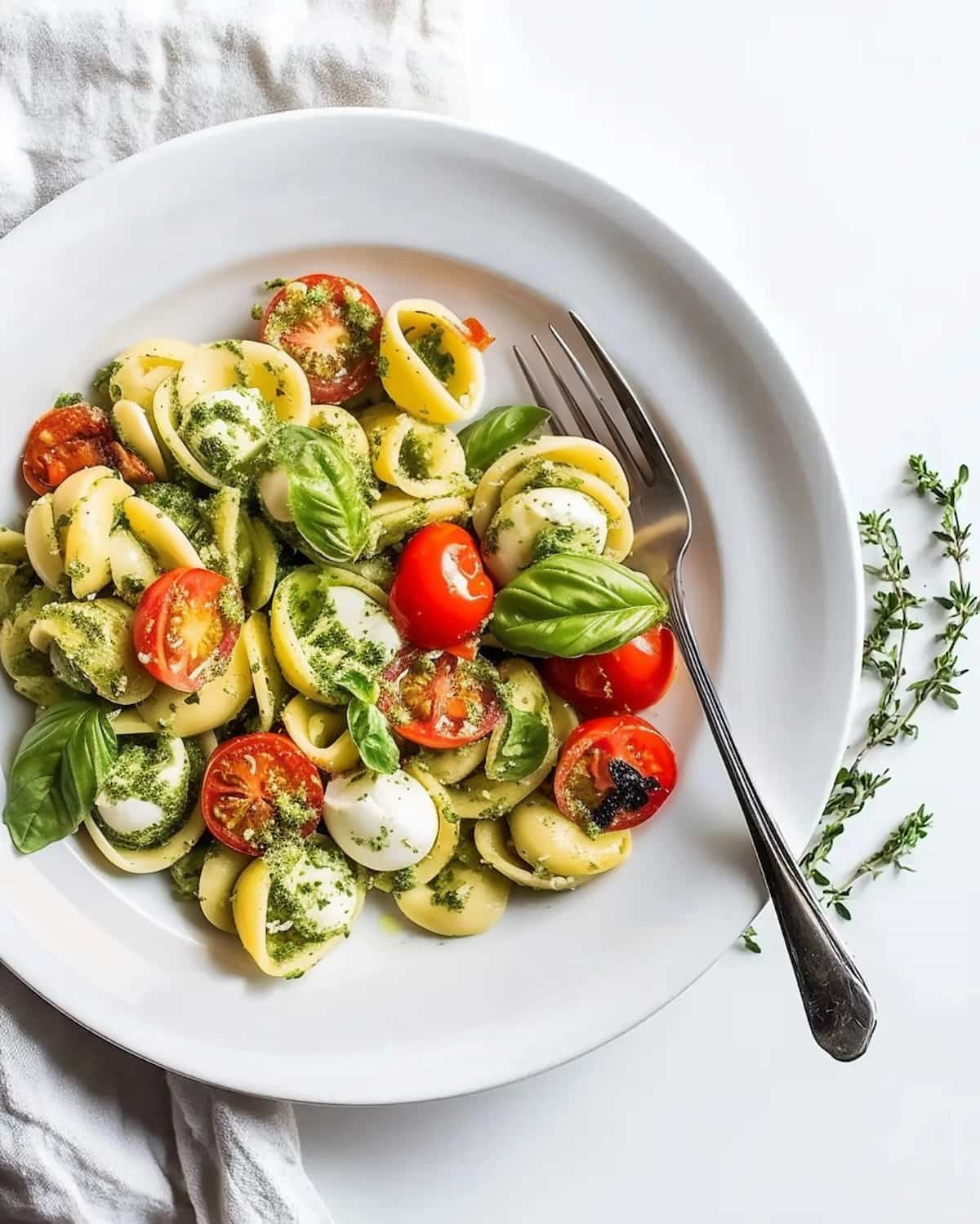 White plate with Caprese Pasta Salad Pesto. Orecchiette pasta is coated in pesto, topped with fresh tomatoes, mozzarella, and basil, creating a colorful dish