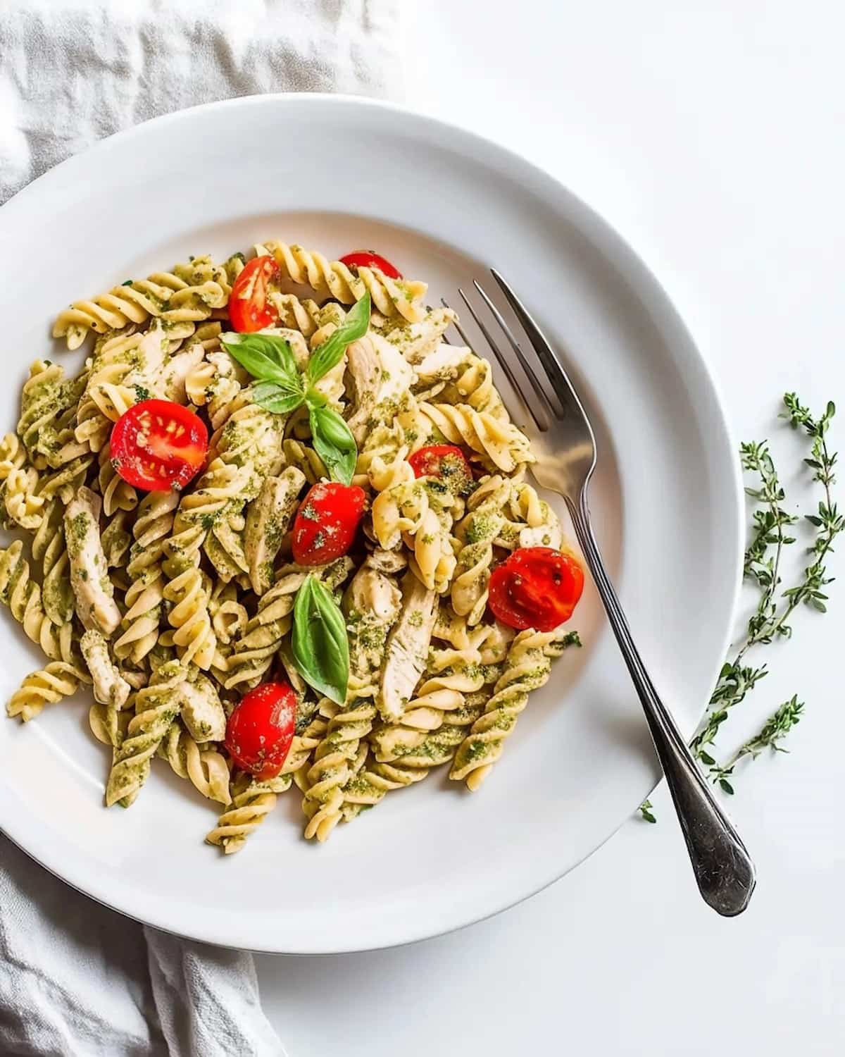 Chopped grilled chicken on a green cutting board, seasoned with herbs, ready to be added to a creamy chicken pesto pasta salad for extra flavor and protein."