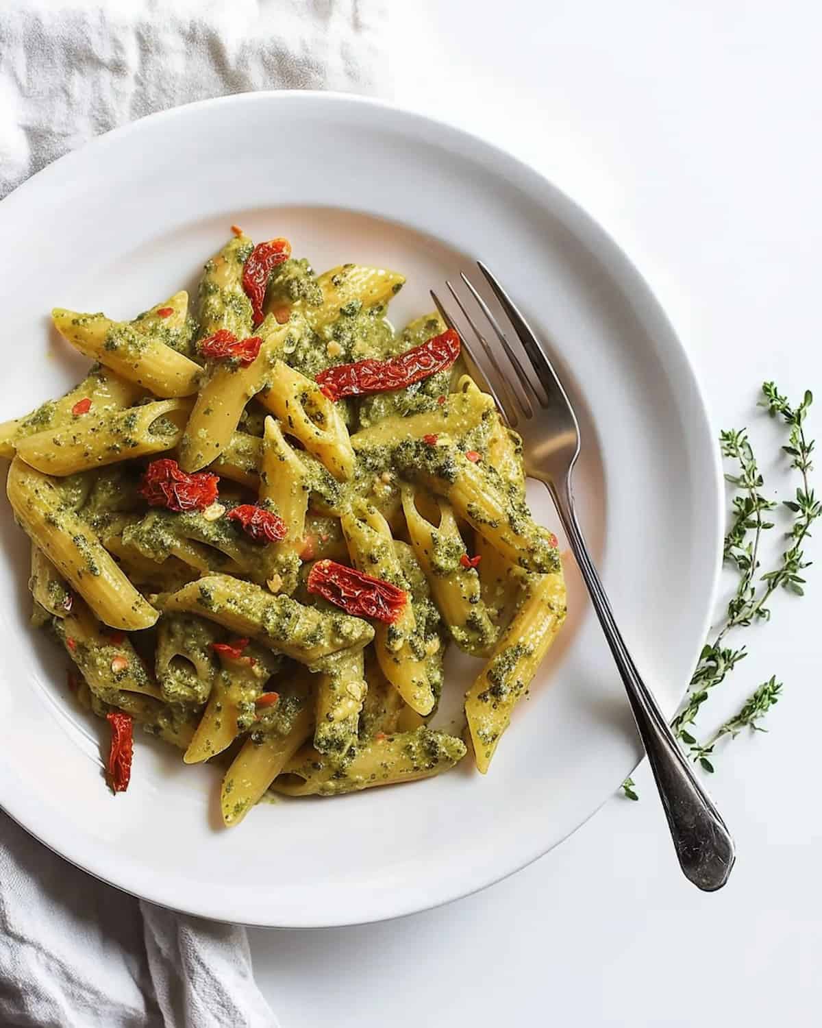 White plate with Creamy Pesto Pasta Salad. Penne pasta is coated with green pesto sauce, garnished with sun-dried tomatoes, and sprinkled with herbs for added flavor.