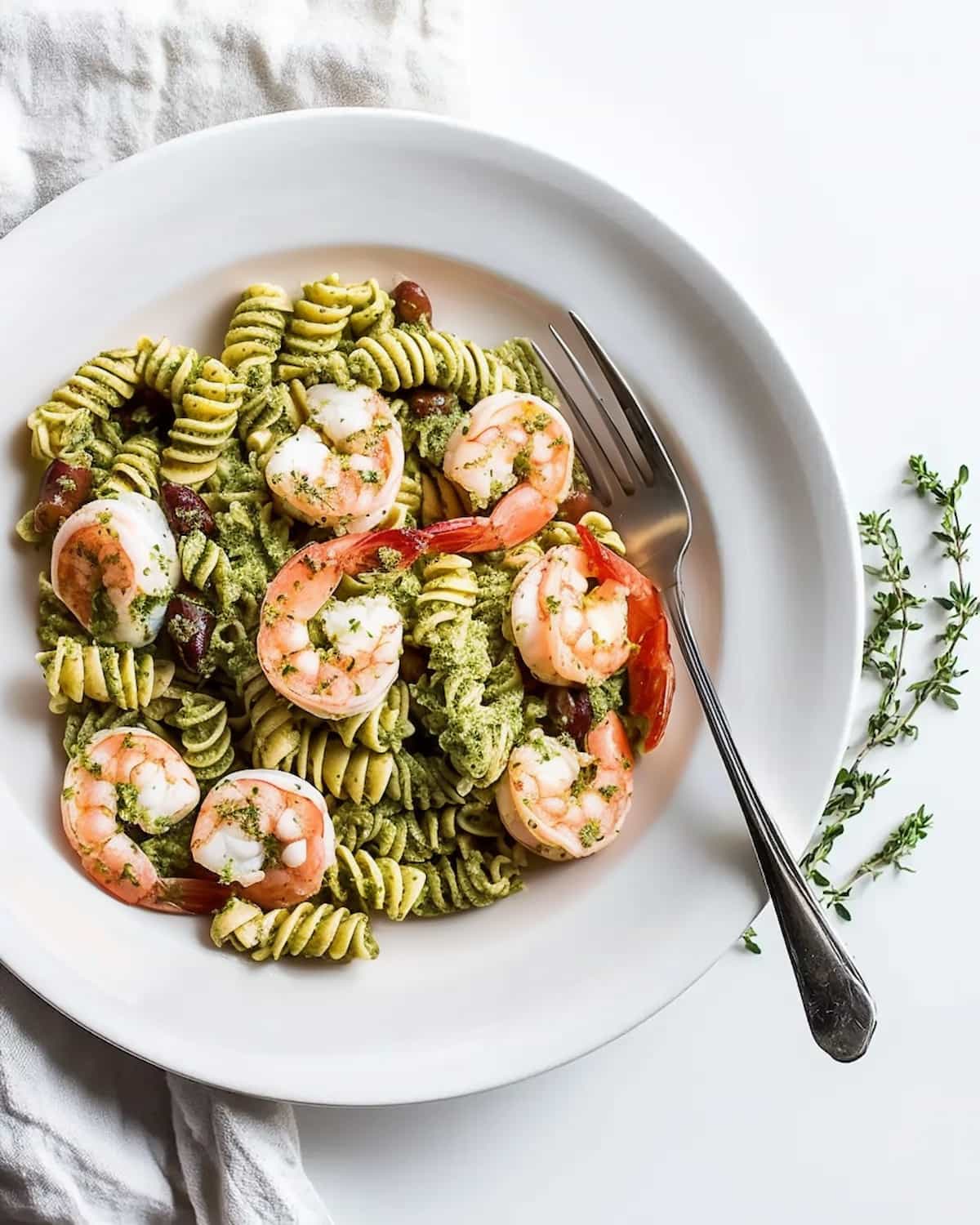 White bowl with Shrimp Pesto Pasta Salad. The pasta is coated in vibrant pesto sauce, topped with shrimp, cherry tomatoes, and crumbled feta cheese.
