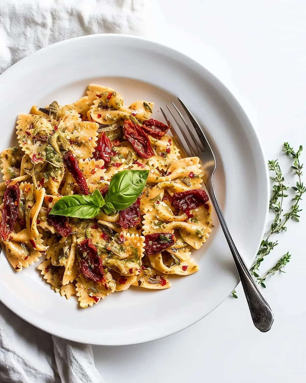 Bowl with Sun-Dried Tomato Pesto Pasta Salad. The pasta is coated in vibrant pesto, garnished with fresh basil and sun-dried tomatoes, creating a colorful dish.